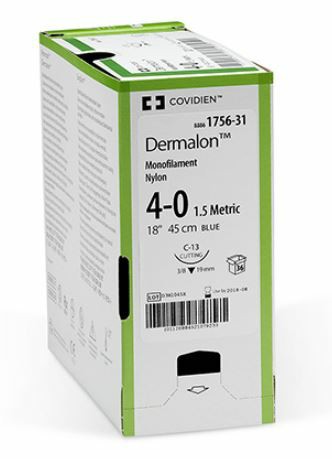 Medtronic Monosof Dermalon 18 inch Needle C-13 Size 6-0 Nylon Suture, Blue, 36/Box