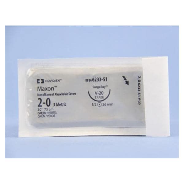 Medtronic Maxon 75 cm 1/2 Circle Size 2-0 V-20 Monofilament Polyglyconate Synthetic Absorbable Suture, Green, 36/Box
