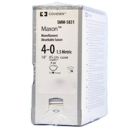 Medtronic Maxon 45 cm 1/2 Circle Size 4-0 P-24 Monofilament Polyglyconate Synthetic Absorbable Suture, Clear, 36/Box