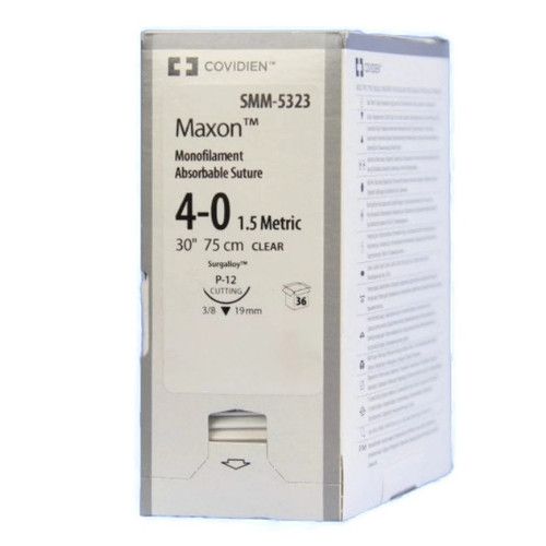 Medtronic Maxon 75 cm 3/8 Circle Size 4-0 P-12 Monofilament Polyglyconate Synthetic Absorbable Suture, Clear, 36/Box