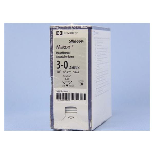 Medtronic Maxon 45 cm 3/8 Circle Size 3-0 P-12 Monofilament Polyglyconate Synthetic Absorbable Suture, Clear, 36/Box