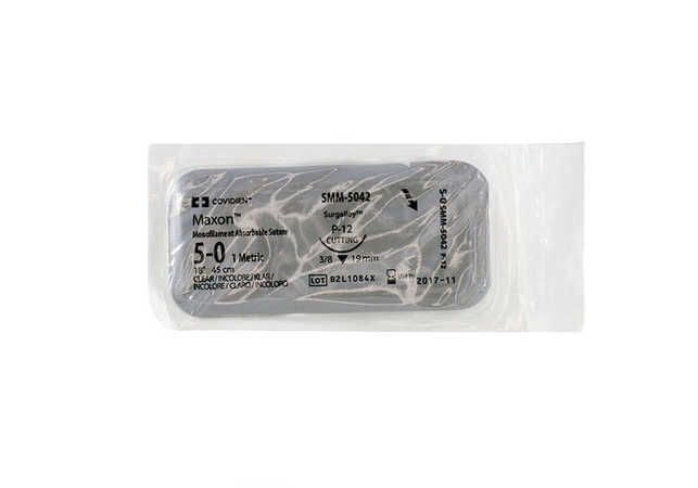 Medtronic Maxon 45 cm 3/8 Circle Size 5-0 P-12 Monofilament Polyglyconate Synthetic Absorbable Suture, Clear, 36/Box