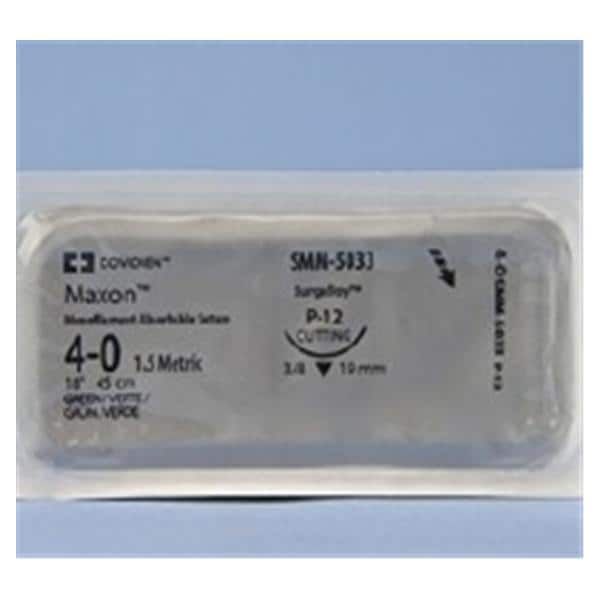 Medtronic Maxon 45 cm 3/8 Circle Size 4-0 P-12 Monofilament Polyglyconate Synthetic Absorbable Suture, Green, 36/Box