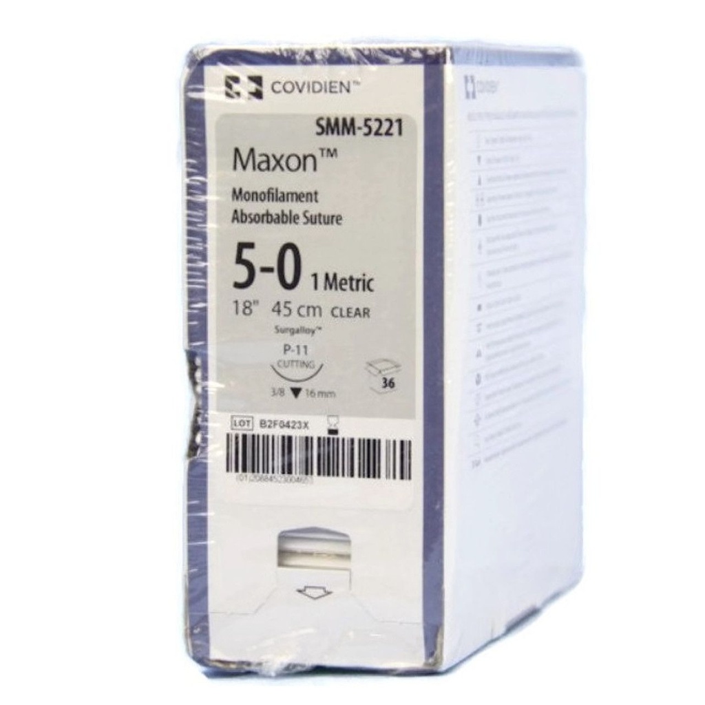 Medtronic Maxon 45 cm 3/8 Circle Size 5-0 P-11 Monofilament Polyglyconate Synthetic Absorbable Suture, Clear, 36/Box