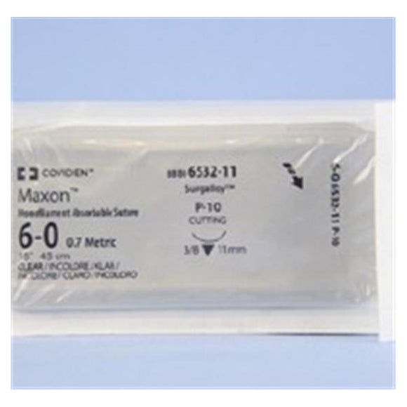 Medtronic Maxon 45 cm 3/8 Circle Size 6-0 P-10 Monofilament Polyglyconate Synthetic Absorbable Suture, Clear, 36/Box