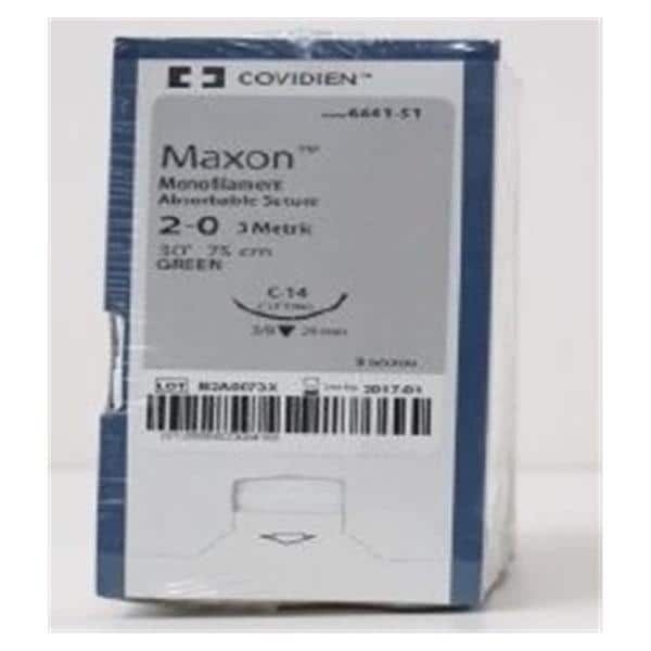 Medtronic Maxon 75 cm 3/8 Circle Size 2-0 C-14 Monofilament Polyglyconate Synthetic Absorbable Suture, Green, 36/Box