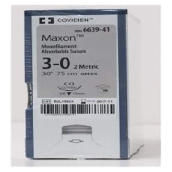 Medtronic Maxon 75 cm 3/8 Circle Size 3-0 C-13 Monofilament Polyglyconate Synthetic Absorbable Suture, Green, 36/Box