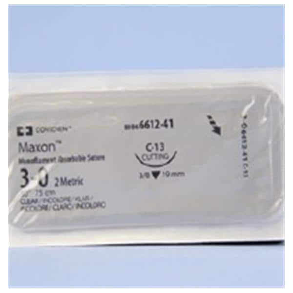 Medtronic Maxon 75 cm 3/8 Circle Size 3-0 C-13 Monofilament Polyglyconate Synthetic Absorbable Suture, Clear, 36/Box