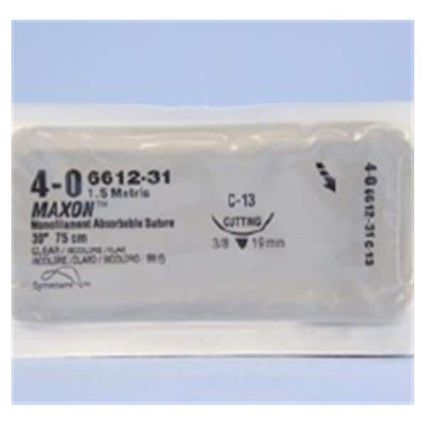 Medtronic Maxon 75 cm 3/8 Circle Size 4-0 C-13 Monofilament Polyglyconate Synthetic Absorbable Suture, Clear, 36/Box
