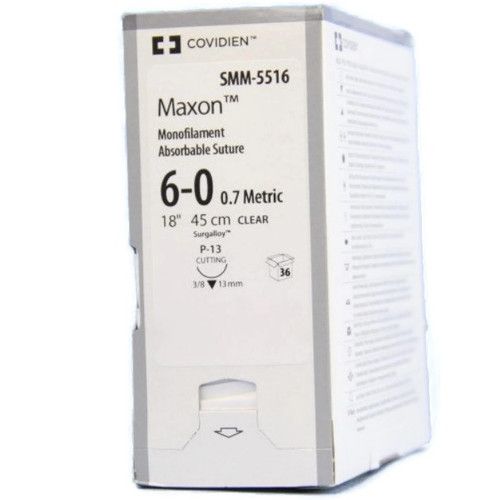 Medtronic Maxon 45 cm 3/8 Circle Size 6-0 P-13 Monofilament Polyglyconate Synthetic Absorbable Suture, Clear, 36/Box