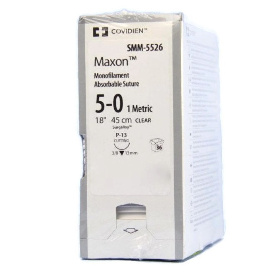 Medtronic Maxon 45 cm 3/8 Circle Size 5-0 P-13 Monofilament Polyglyconate Synthetic Absorbable Suture, Clear, 36/Box
