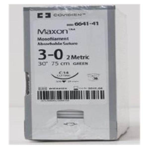 Medtronic Maxon 75 cm 3/8 Circle Size 3-0 C-14 Monofilament Polyglyconate Synthetic Absorbable Suture, Green, 36/Box