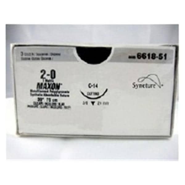 Medtronic Maxon 75 cm 3/8 Circle Size 2-0 C-14 Monofilament Polyglyconate Synthetic Absorbable Suture, Clear, 36/Box