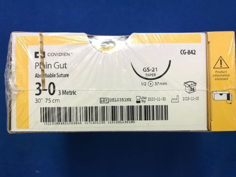 Medtronic Plain Gut 30 inch 1/2 Circle Size 3-0 GS-21 Sterile Absorbable Surgical Suture, 36/Box