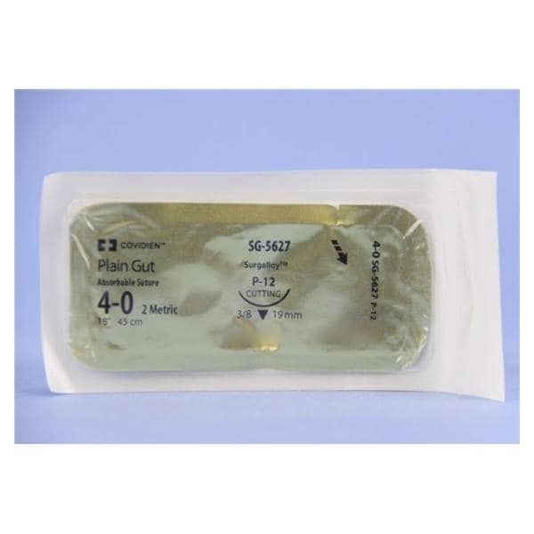 Medtronic Plain Gut 18 inch 3/8 Circle Size 4-0 P-12 Sterile Absorbable Suture, 36/Box