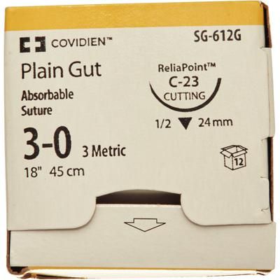 Medtronic Plain Gut 18 inch 1/2 Circle Size 3-0 C-23 Sterile Absorbable Surgical Suture, 12/Box