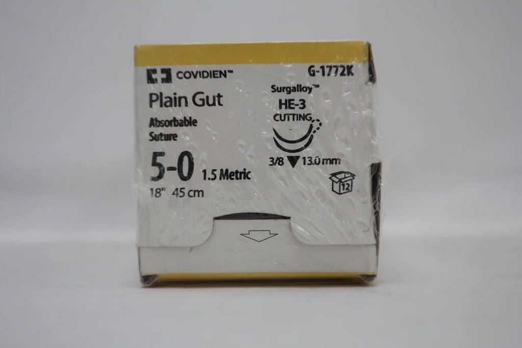 Medtronic Plain Gut 18 inch 3/8 Circle Size 5-0 HE-3 Sterile Absorbable Suture, 12/Box