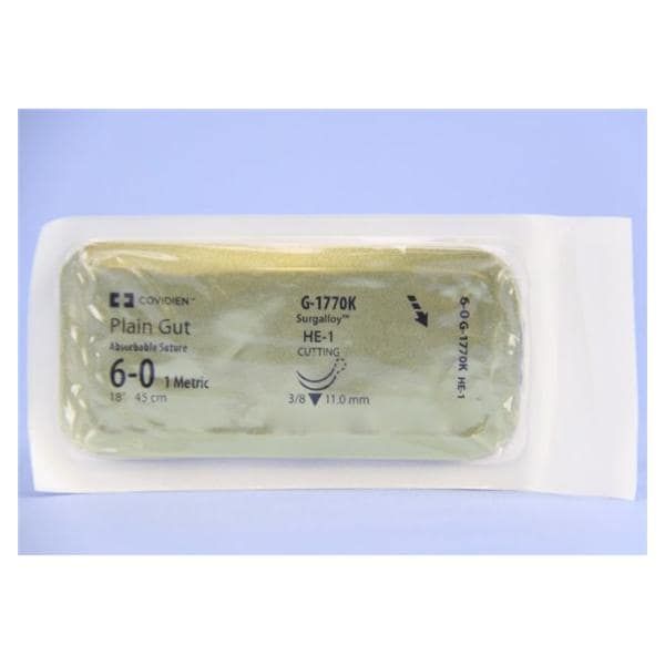 Medtronic Plain Gut 18 inch 3/8 Circle Size 6-0 HE-1 Double Arms Sterile Absorbable Suture, 12/Box