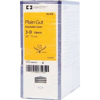 Medtronic Plain Gut 30 inch 3/8 Circle Size 3-0 C-14 Sterile Absorbable Surgical Suture, 36/Box