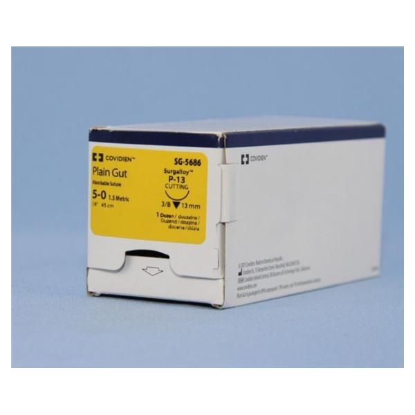 Medtronic Plain Gut 18 inch 3/8 Circle Size 5-0 P-13 Sterile Absorbable Suture, 12/Box