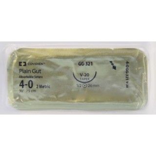 Medtronic Plain Gut 30 inch 1/2 Circle Size 4-0 V-20 Sterile Absorbable Suture, 36/Box