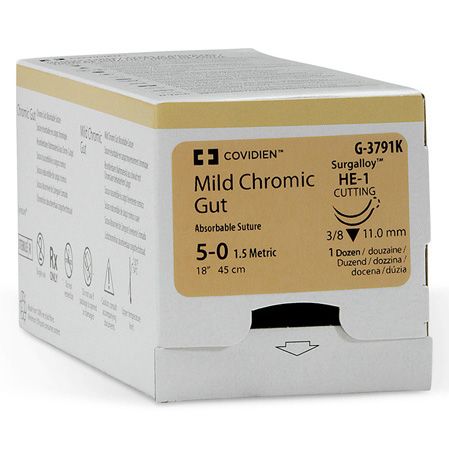 Medtronic Mild Chromic Gut 18 inch 3/8 Circle Size 5-0 HE-1 Double Arms Sterile Absorbable Suture, 12/Box