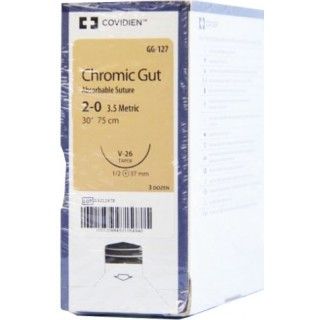 Medtronic Chromic Gut 30 inch 1/2 Circle Size 2-0 V-26 Sterile Absorbable Suture, 36/Box