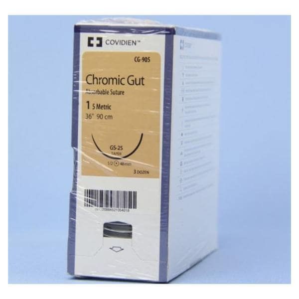 Medtronic Chromic Gut 36 inch 1/2 Circle Size 1 GS-25 Sterile Absorbable Suture, 36/Box
