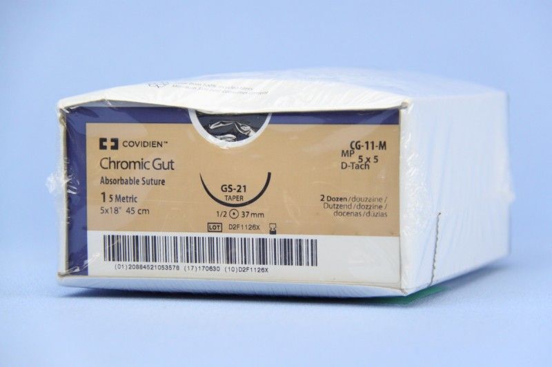 Medtronic Chromic Gut 5 inch x 18 inch 1/2 Circle Size 1 GS-21 Sterile Absorbable Suture, 24/Box
