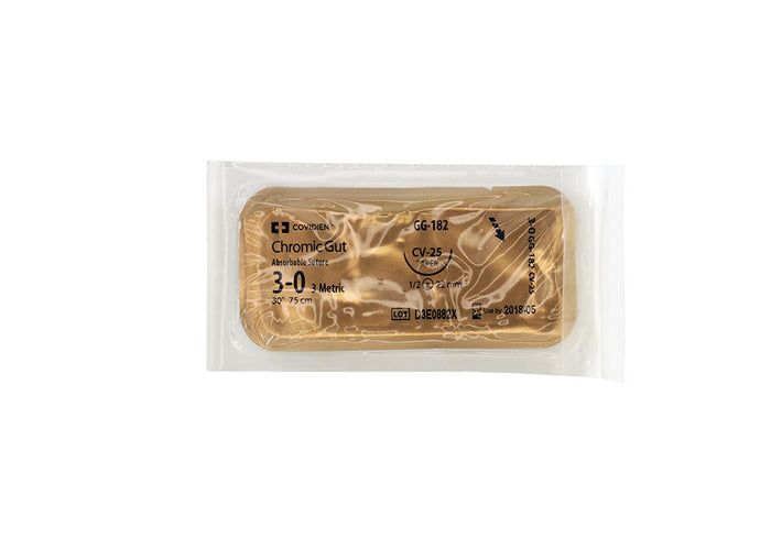 Medtronic Chromic Gut 30 inch 1/2 Circle Size 3-0 CV-25 Sterile Absorbable Suture, 36/Box