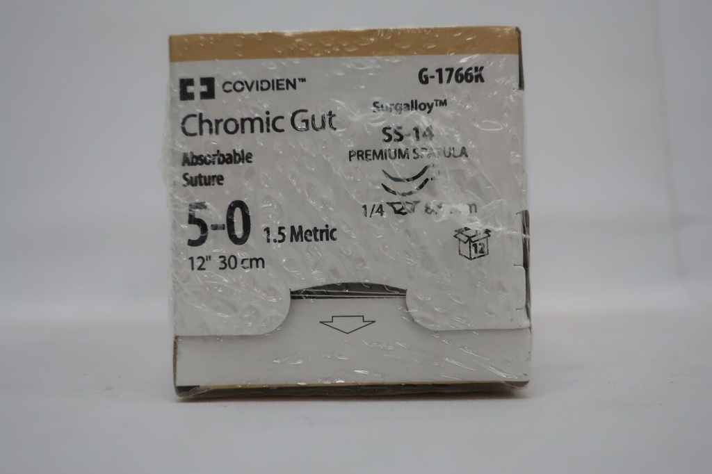 Medtronic Chromic Gut 12 inch 1/4 Circle Size 5-0 SS-14 Sterile Absorbable Suture, 12/Box