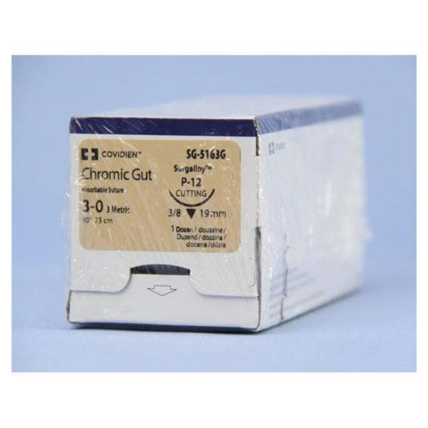 Medtronic Chromic Gut 30 inch 3/8 Circle Size 3-0 P-12 Sterile Absorbable Suture, 12/Box