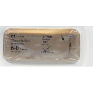 Medtronic Chromic Gut 18 inch 3/8 Circle Size 6-0 HE-1 Double Arms Sterile Absorbable Suture, 12/Box