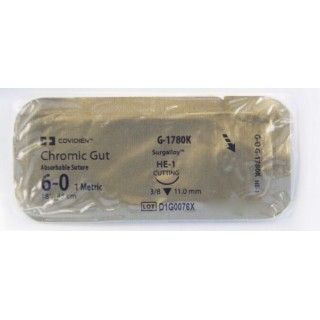 Medtronic Chromic Gut 18 inch 3/8 Circle Size 6-0 HE-1 Single Arm Sterile Absorbable Suture, 12/Box