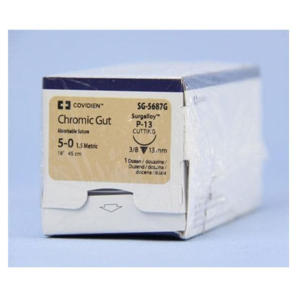 Medtronic Chromic Gut 18 inch 3/8 Circle Size 5-0 P-13 Sterile Absorbable Suture, 12/Box