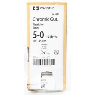 Medtronic Chromic Gut 18 inch 3/8 Circle Size 5-0 P-13 Sterile Absorbable Suture, 36/Box