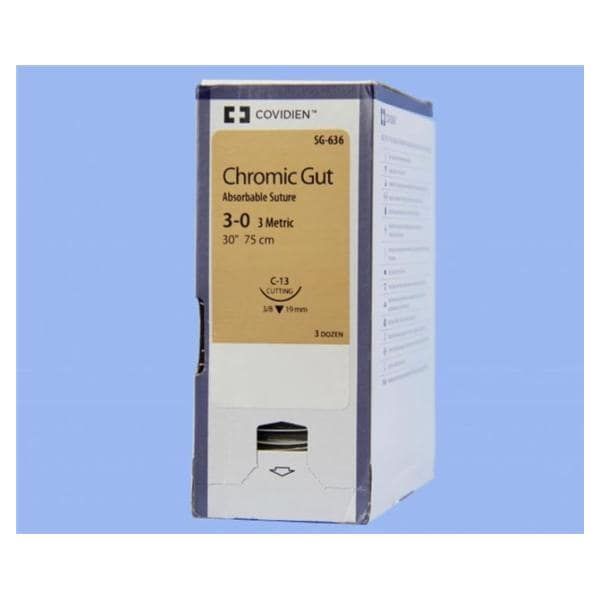 Medtronic Chromic Gut 30 inch 3/8 Circle Size 3-0 C-13 Sterile Absorbable Suture, 36/Box