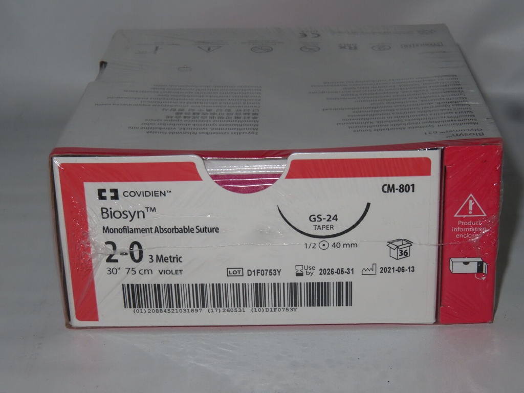 Medtronic Biosyn 30 inch 1/2 Circle Size 2-0 GS-24 Monofilament Absorbable Suture, Violet, 36/Box