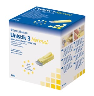 Owen Mumford Unistik® 3 Pre-Set Single Use Safety Lancet, Normal, 23G, 1.8mm Penetration Depth