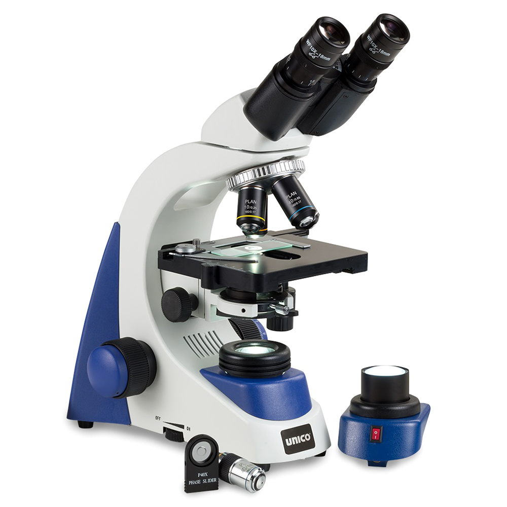Unico Med/Vet Practice 4X, 10X, 100X, 40X SP-PH Brightfield Achromat Objectives Binocular Microscope