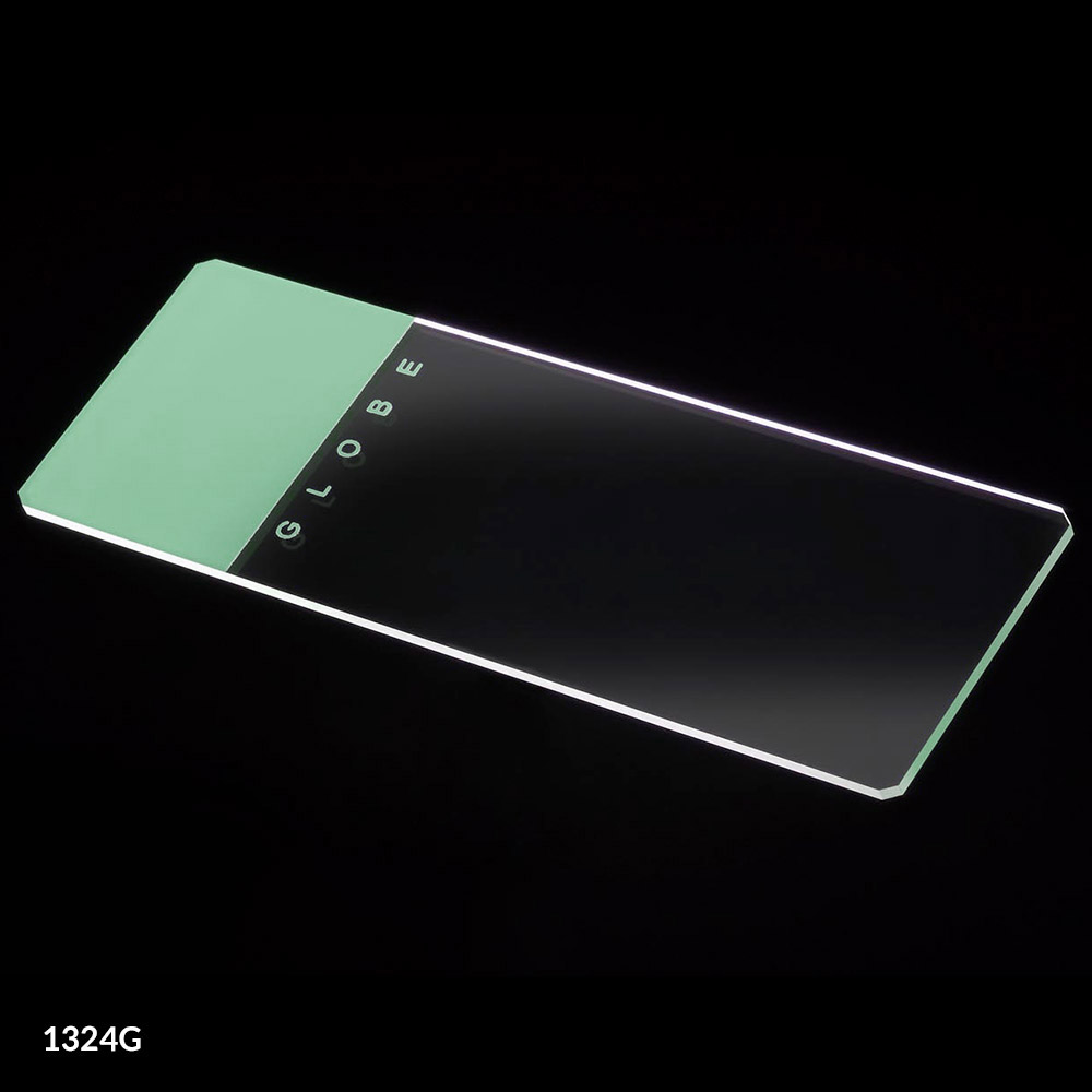 Globe Scientific 25 mm x 75 mm 90° Ground Edge Glass Microscope Slides w/ Safety Corners, Green, 1440/Case