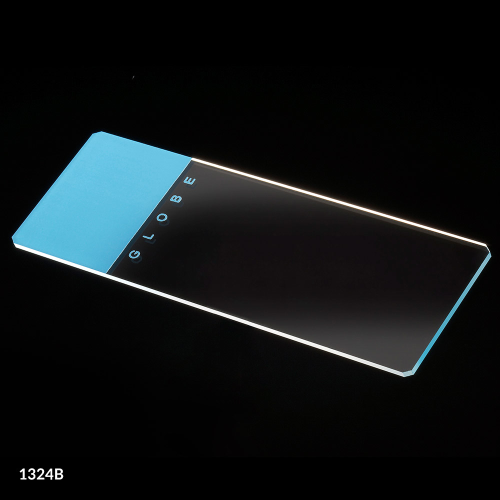 Globe Scientific 25 mm x 75 mm 90° Ground Edge Glass Microscope Slides w/ Safety Corners, Blue, 1440/Case