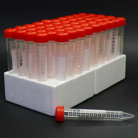 Globe Scientific 15 ml PS Sterile Racked Centrifuge Tube w/ Separate Red Screw Cap, 500/Case