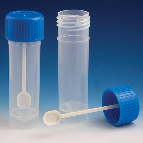 Globe Scientific 30 ml PP Self-Standing Fecal Collection Containers w/ Blue Screw Cap & Spoon, 500/Case