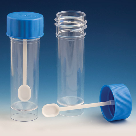 Globe Scientific 30 ml PS Self-Standing Fecal Collection Containers w/ Blue Screw Cap & Spoon, 500/Case
