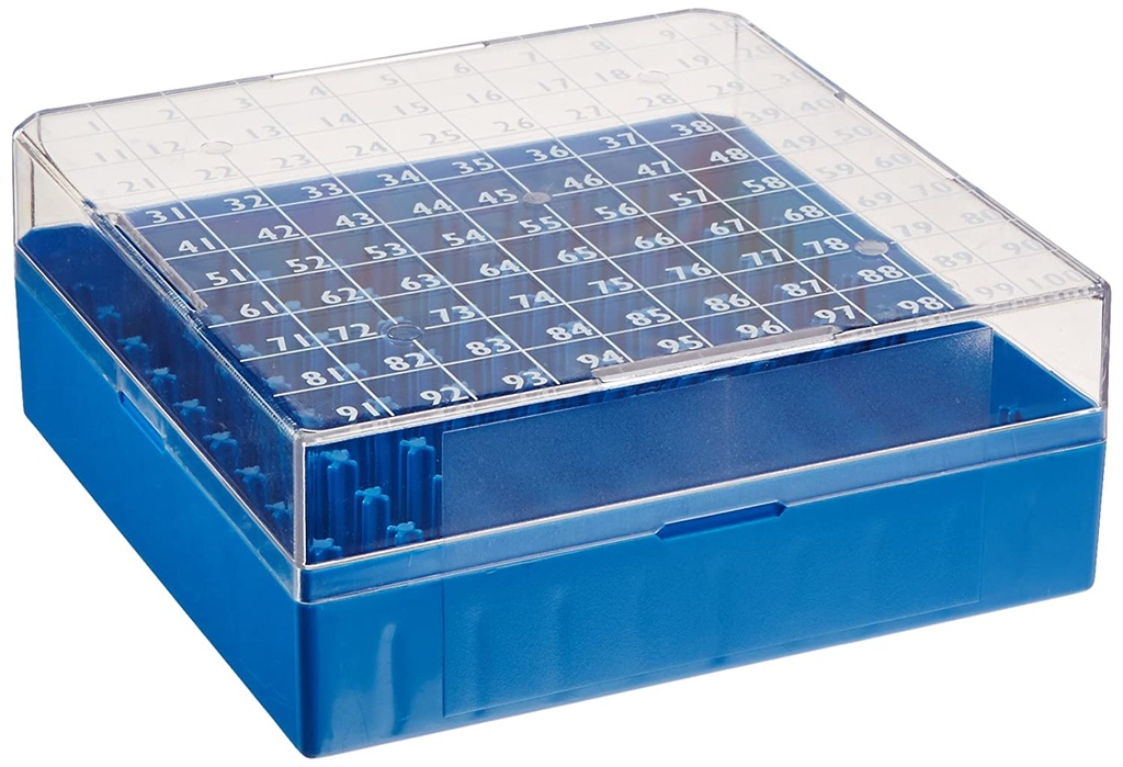 Globe Scientific 100-Place PC Storage Biobox for 1 & 2 ml Cryogenic Vials, Blue, 5/Box