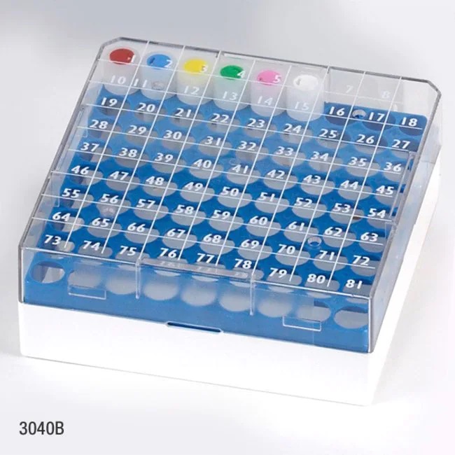 Globe Scientific 81-Place PC Storage Biobox for 1 & 2 ml Cryogenic Vials, Blue, 5/Box
