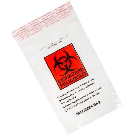 Globe Scientific 6" x 9" Glue Closure Specimen Transport Bags w/ Document Pouch, 1000/Case