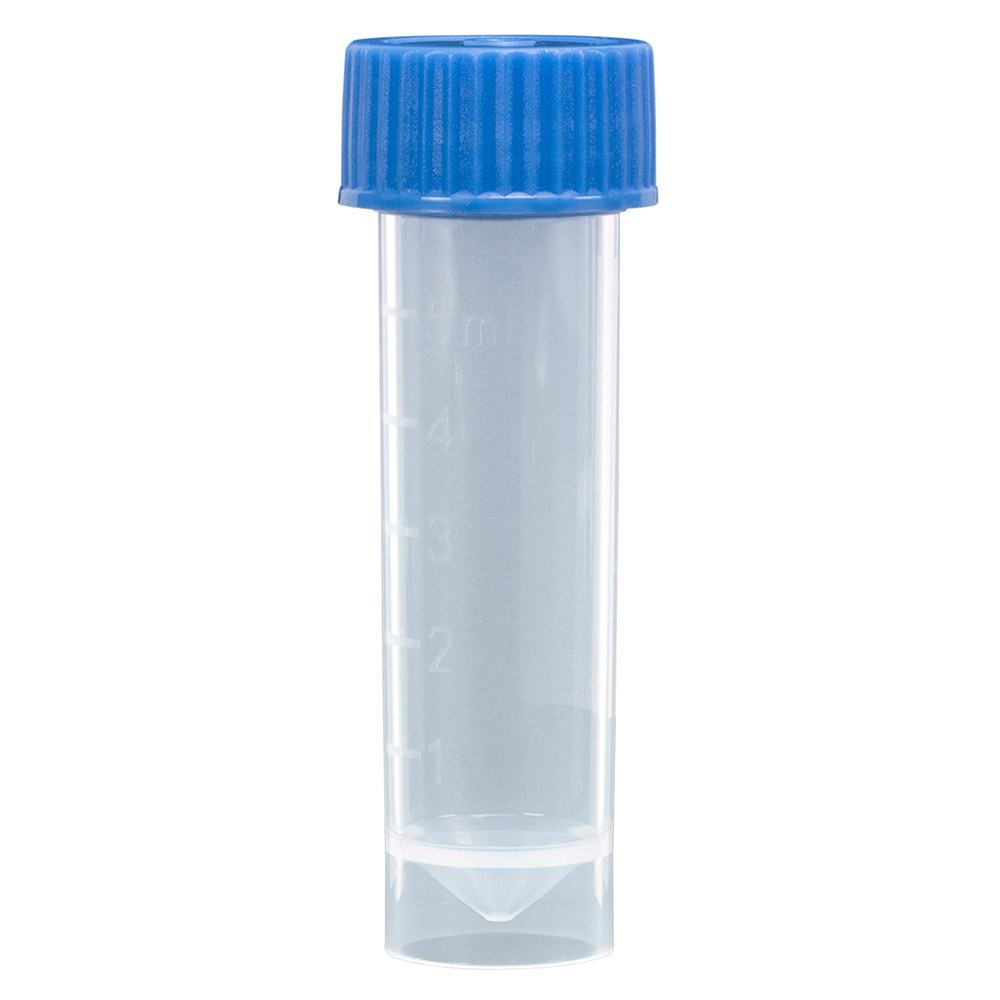 Globe Scientific 5 ml PP Self Standing Transport Tubes w/ Separate Blue Screwcap, 1000/Case