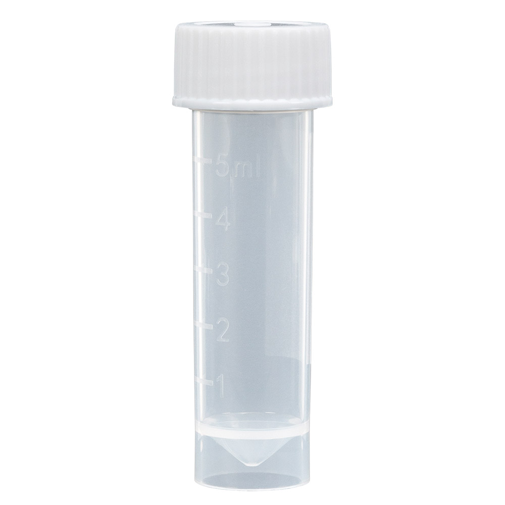 Globe Scientific 5 ml PP Self-Standing Transport Tubes w/ White Screw Cap, 1000/Case
